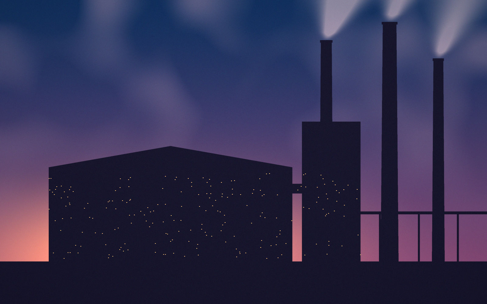 Illustration of plant stacks and a waste-heat boiler at sunset