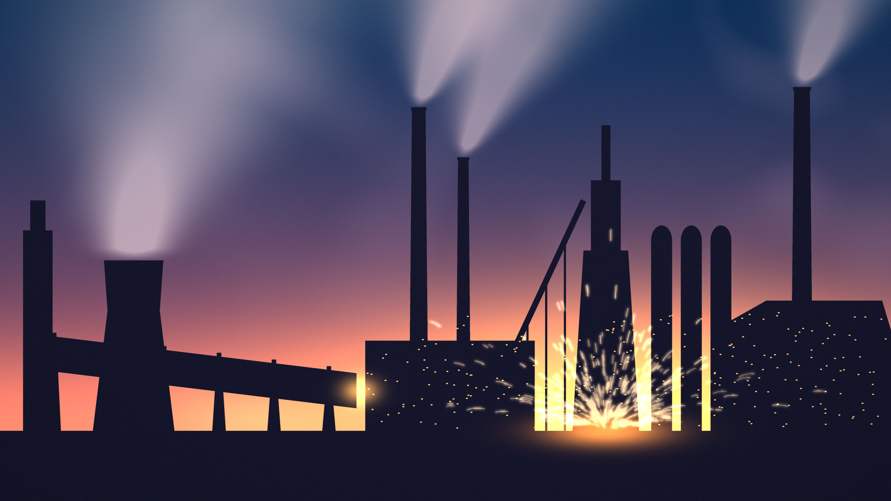 Illustration of an integrated steel plant at dusk